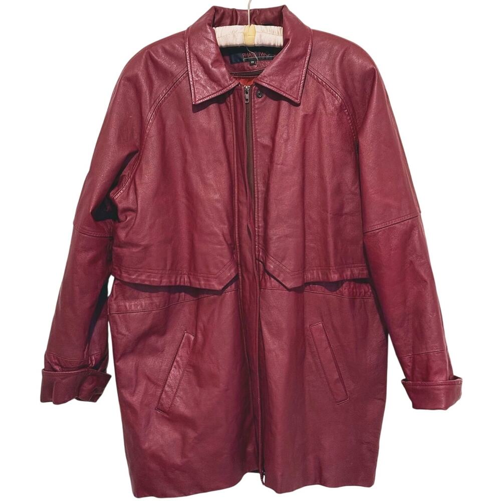 Vintage Phase Two Red Leather Trench Coat 2X 90s Y2K Grunge Retro Biker Edgy